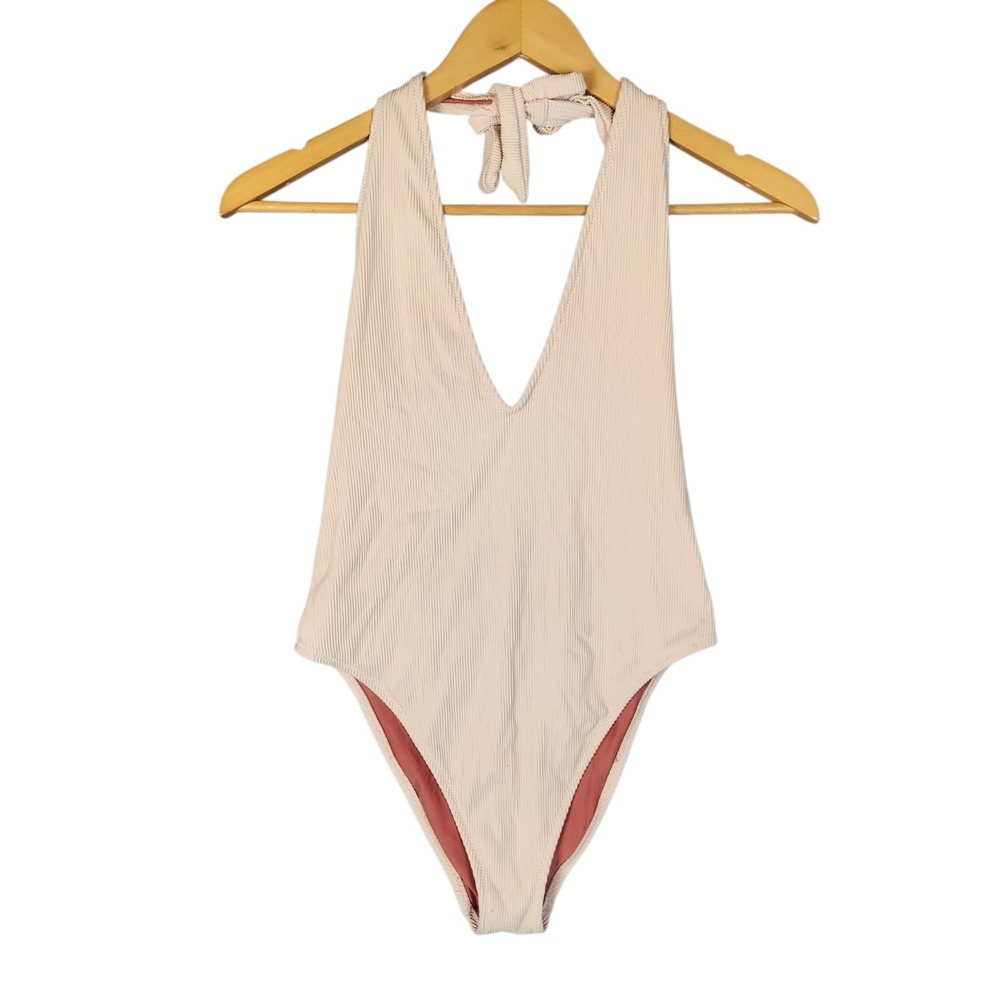 Aerie‎ One Piece Swimsuit Women's M Pink Ribbed Plunge Halter